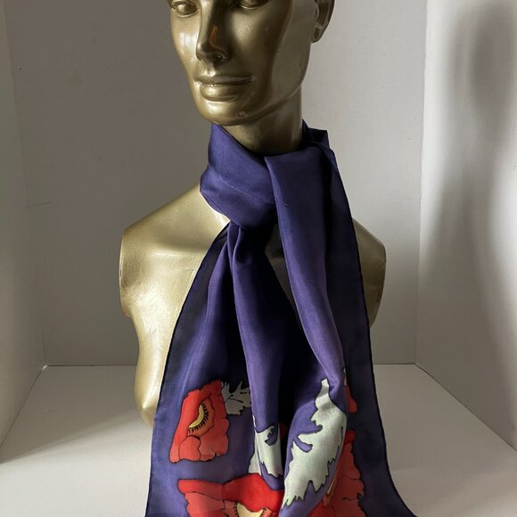 VTG 80s Silk Hand Painted Scarf Purple with Bright Flowers at Both Ends 53 X 11 - Picture 4 of 12